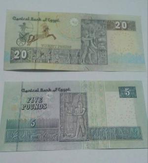 Billetes De 20 Y 5 Pounds Egipcios / Egipto / Egipcias