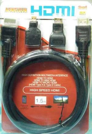 Cable Hdmi De1.5mt + Adaptadores De Mini Hdmi Y Micro Hdmi