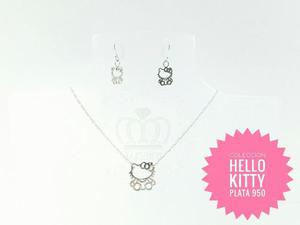 Collar Cadena Dije Y Aretes Hello Kitty 100% Plata Kynaira