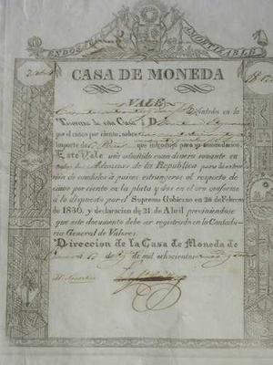 Perú 1830 Pre-billete Vale De 172 Pesos Casa De Moneda Raro