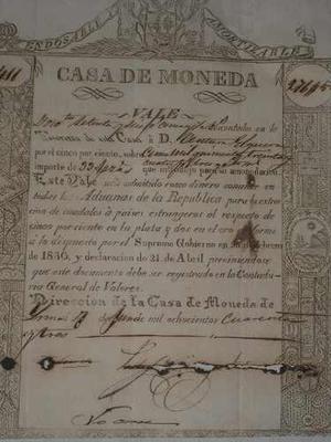 Perú 1830-pre Billete Vale De 276 Pesos Casa De Moneda Raro