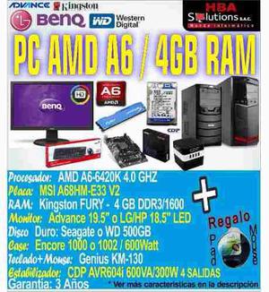 Nueva Pc Completa Amd A6 4g Ram 500gb Monitor 19.5 Usb 3.0