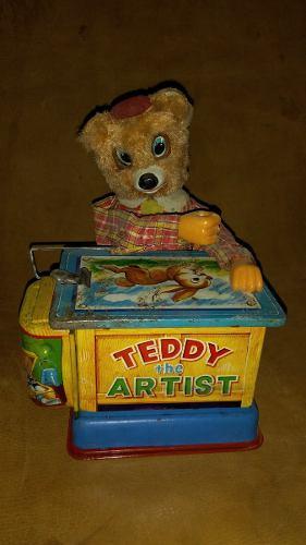 Vint.retro Juguete Antiguo De Lata Teddy The Artist.. Japón