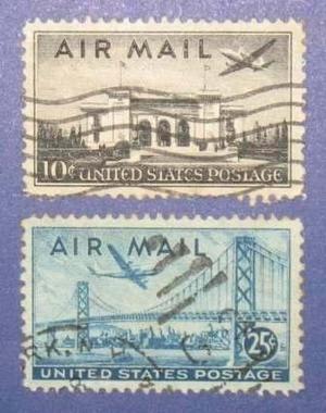 2 Antiguas Estampillas Stamps 10c 25c Usa Aéreo Avión