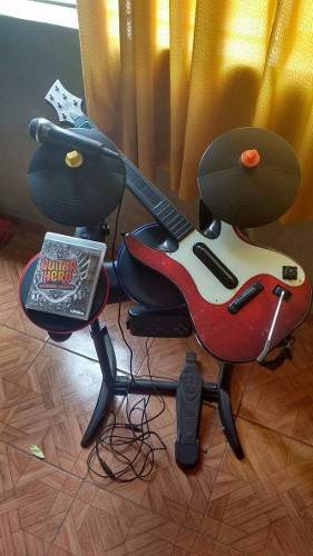 Ps3 Kit Guitar Hero Bateria+guitarra+microfono+juego