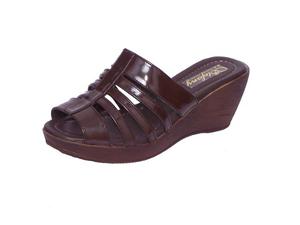 Sandalia De Mujer Taco Cuña En Charol Marrón / Zapato