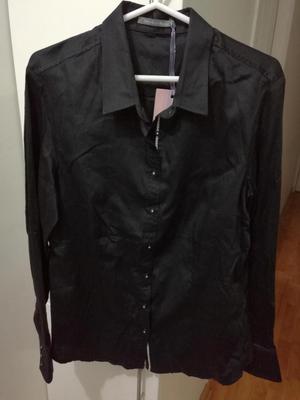 Michelle Belau, Blusa cuello camisa, negro, Talla L, Nueva