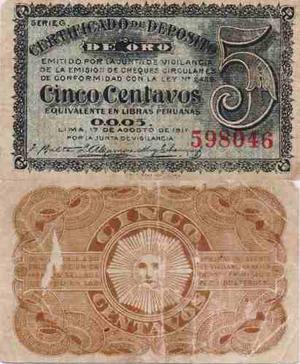 Billete De 5 Centavos De Perú. .