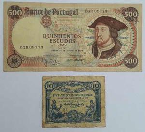 Billetes De Portugal 500 Escudos Y 10 Centavos