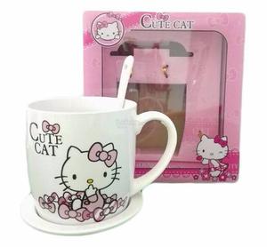 Set De Taza + Platito + Cuchara Hello Kitty Sanrio De Loza