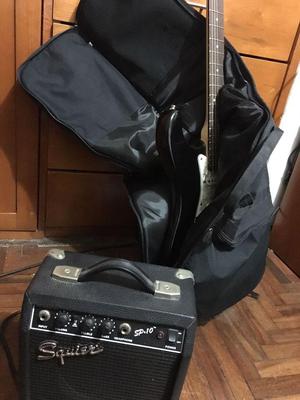 Guitarra eléctrica Fender negra amplificador y accesorios