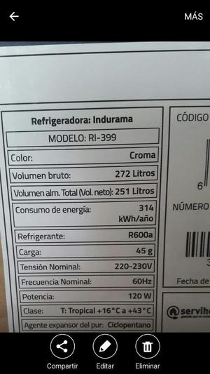 Remate de Refrigeradora Indurama Modelo Ri399