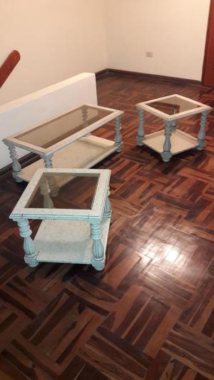 Bonito juego de muebles mesas de sala de madera y vidrio