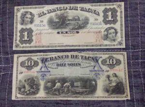 El Banco De Tacna Set De 2 Billetes 1 Y 10 Soles