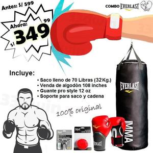 COMBO EVERLAST: Saco de box 70 Libras. mas Guantes Venda y