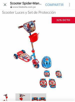 Scooter Spiderman Nuevo Luces Y Set Prot