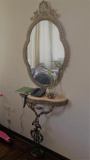 espejo de bronce y pedestal con bronce y marmol