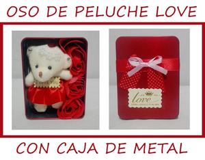 Oso De Peluche En Caja De Metal Roja Con Rosas