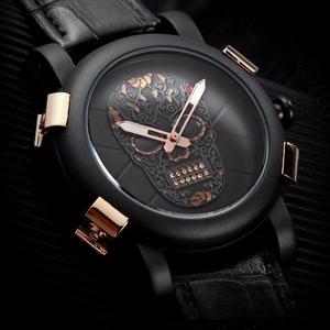 Reloj Skone De Lujo Calavera 3d Correa Cuero Negro Elegante