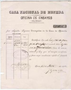 1902: Casa De Moneda De Lima Oficina De Ensayes