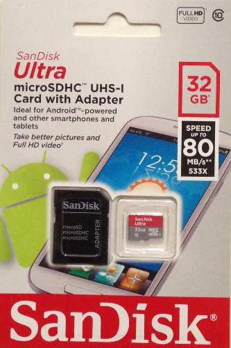 Memoria Micro Sd Sandisk Ultra, 32gb Clase 10 Full Hd Video
