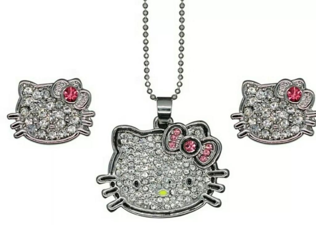Set De Collar Y Aretes Hello Kitty En Plata 925 Para Mujer
