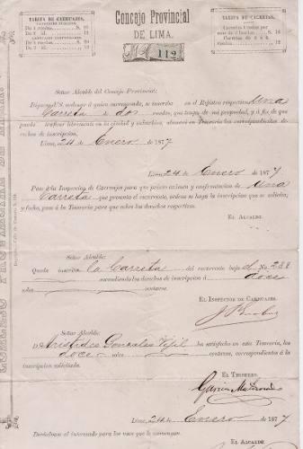 1877 Registro De Carreta De Dos Ruedas Consejo De Lima