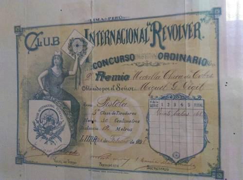 1891: Antiguo Diploma A Miguel Gonzales Vigil Medalla Cobre