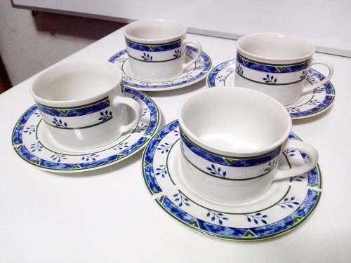 4 Tazas De Porcelana Fina Blanco Con Adornos Azules