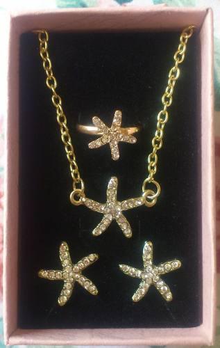 Set Collar + Aretes + Anillo Estrella De Mar Cristales Stock