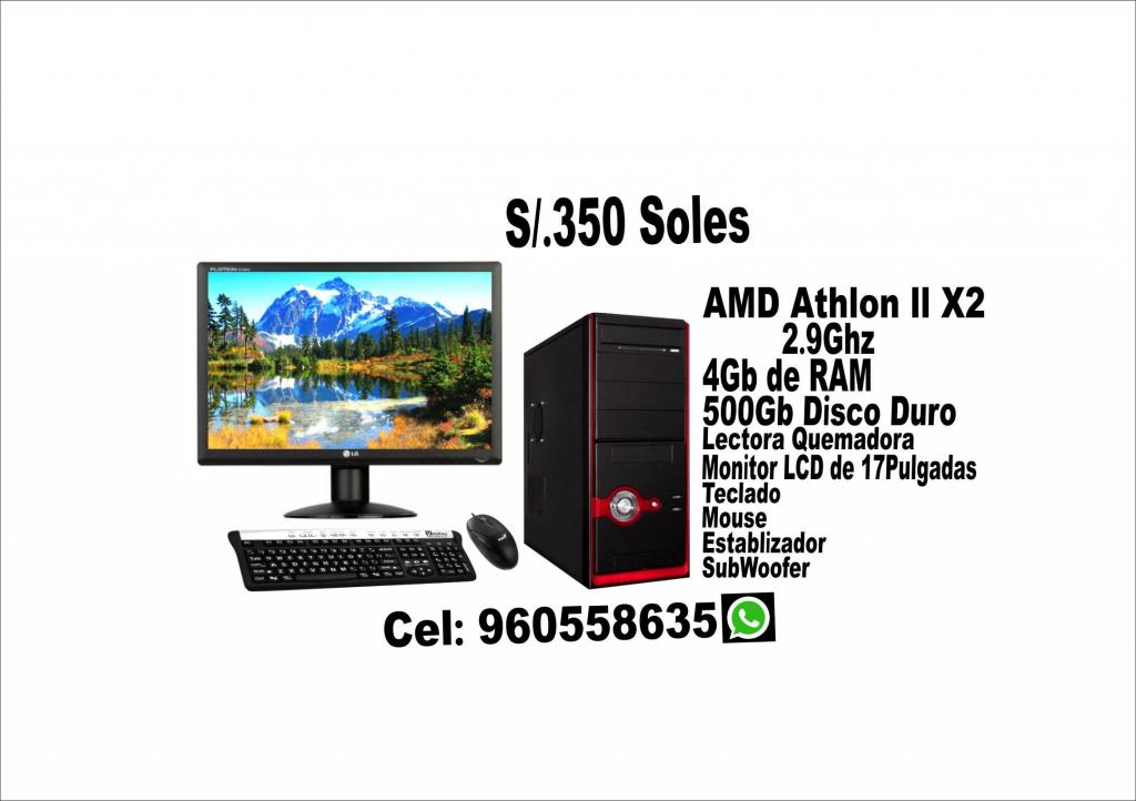 VENDO PC Amd Athlon ll X2 de 2.9Ghz, 4Gb RAM, DiscoDuro 500G