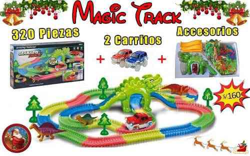 Magic Track 320 Piezas + 2 Carritos + Puente + Dinosaurio!