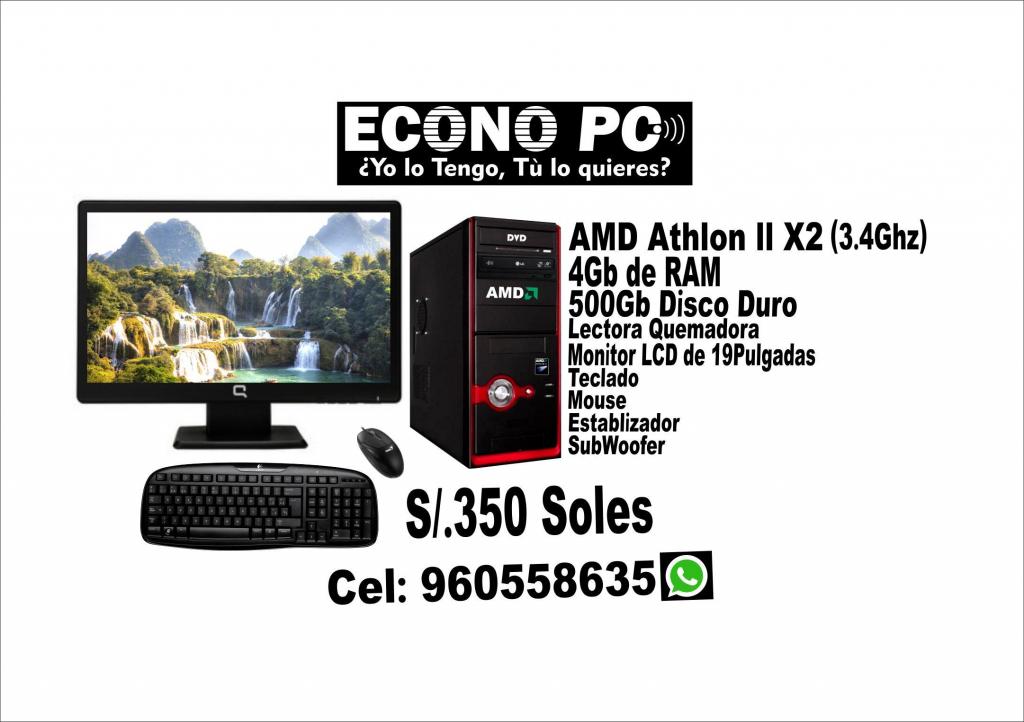 VENDO PC Amd Athlon ll X2 de 3.4Ghz, 4Gb RAM, 500Gb Disco