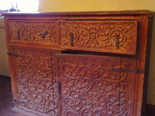 Antiguedades - Mueble Colonial Madera Labrada 1.10x45x90 Cm