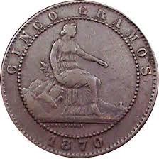 Antigua Moneda - España 5 Centavos De 1870 En Trujillo