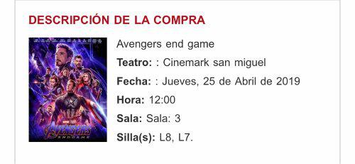 2 Entradas Avengers End Game Cinemark San Miguel
