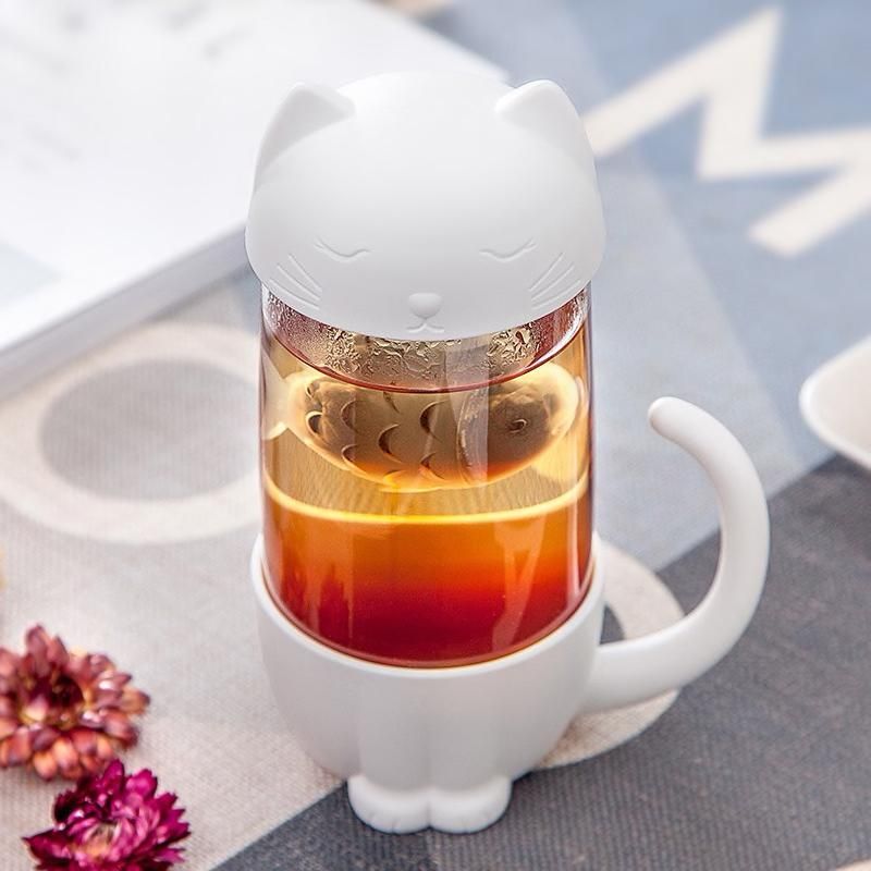 Taza de gato y perro con filtrante extraíble para té