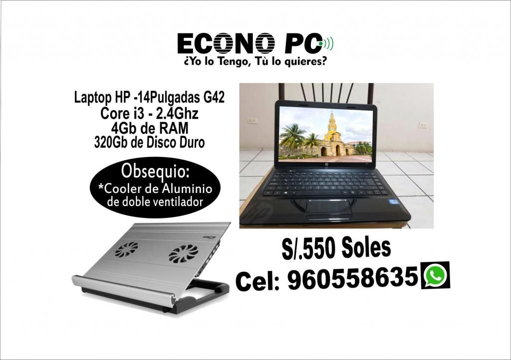VENDO laptop HP Corei3, 4Gb RAM, Disco de 320Gb con windows7