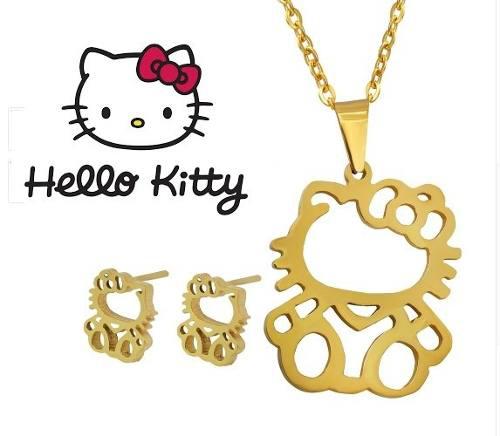 Collar Y Aretes Hello Kitty Set Acero Inoxidable Gato