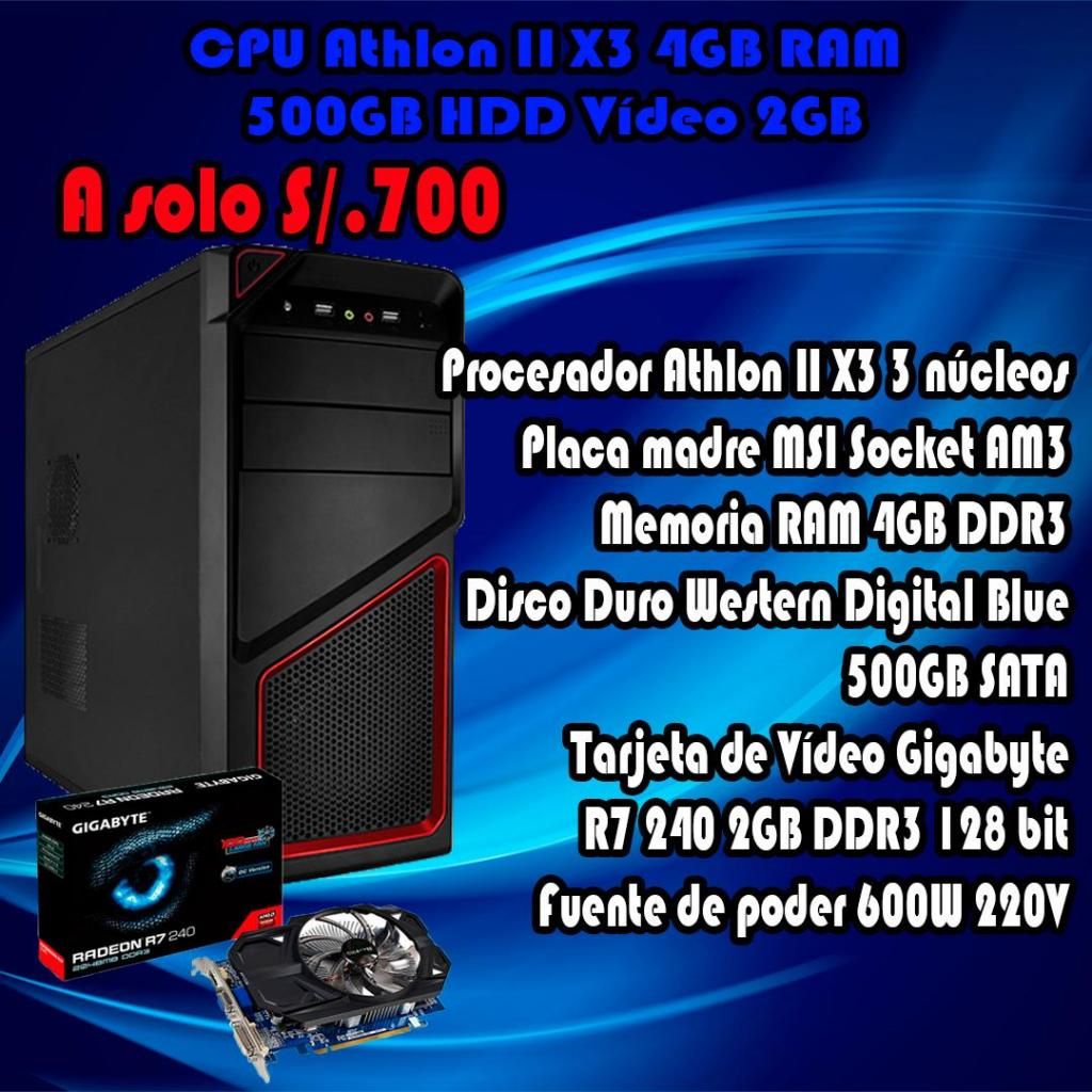 CPU Athlon II X3 4GB RAM 500GB DISCO VÍDEO 2GB 128 BIT