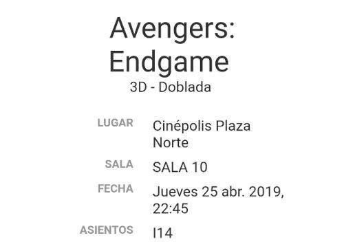 Entrada Al Cine Para Avengers Endgame