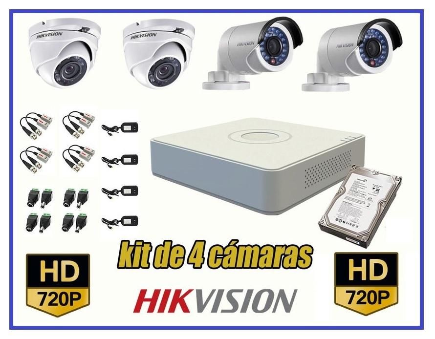 Kit 4 Cámaras Seguridad HikVision HD 720p disco, 500 CCTV