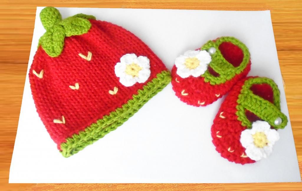 bebe crochet gorro zapatitos talla 0 a 3 meses Fresita rojo