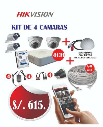 Kit De 4 Cámaras Hd Con Microfono Y 80 Mts Cable