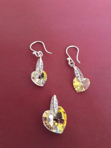 Juego Corazón Plata Swarozky Cristal Aretes Y Dije Piedra