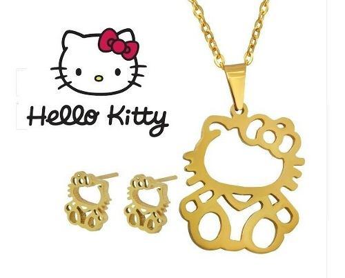 Collar Y Aretes Hello Kitty Set Acero Inoxidable Gato