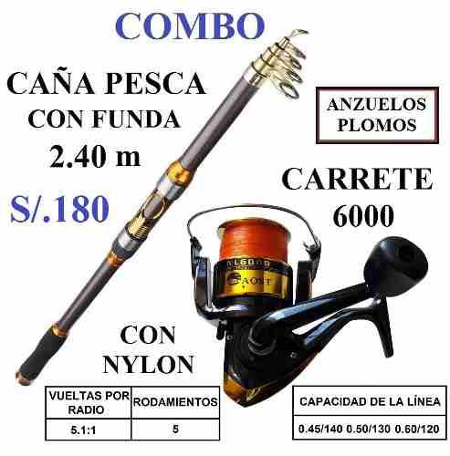 Caña Pesca 2.40 M Carrete, Nylon, 10 Anzuelos Y Plomo