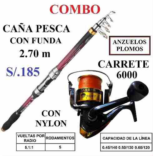 Caña Pesca 2.70 M Carrete, Nylon, 10 Anzuelos Y Plomo