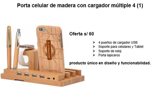 porta celular de madera con cargador multiple