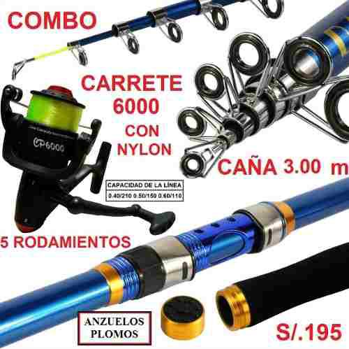 Caña Pesca 3.00 M + Carrete, Nylon, Anzuelos Y Plomo Pescar